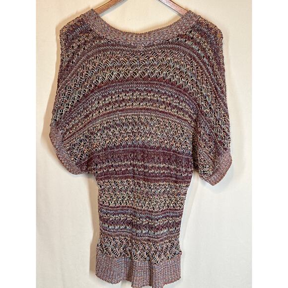 QUESTIONS Open Knit Tunic Top Multicolor M Cowl Sleeve Y2K Boho Hippie Festival - Picture 2 of 11